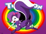  1girl anus ass blue_sclera bow come_hither fifi_la_fume from_behind furry hair_bow hair_over_one_eye hsk looking_at_viewer naughty_face open_mouth pose purple_eyes purple_hair seductive_smile short_hair skunk skunkgirl smile solo tail tiny_toon_adventures tongue 
