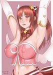  1girl alternate_costume armpits arms_up blush bow bowtie breasts cleavage dead_or_alive dead_or_alive_5 erect_nipples honoka_(doa) looking_at_viewer midriff navel open_mouth red_eyes red_hair solo standing upper_body zenkou 