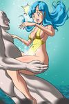  1boy 1girl altair_(artist) bare_shoulders blue_eyes blue_hair breasts clothed_female_nude_male dragon_ball hetero long_hair maron_(dragon_ball) one-piece_swimsuit open_mouth orgasm sex smile swimsuit takimoto_dojo underwater vaginal water 