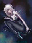  1girl blonde_hair blue_eyes bodysuit dark_background elizabeth_torque fetal_position gwen_stacy hood marvel parted_lips spandex spider spider-gwen spider-man_(series) spider_web 