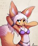  2019 anthro aseethe blue_eyes bra breasts canid canine clothed clothing digital_media_(artwork) ear_piercing ear_ring female fennec fox hair mammal piercing smile solo standing underwear white_hair 