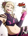  1girl blonde_hair boku_no_hero_academia cowboy_shot fighting_stance han_juri_(cosplay) highres kellzallday30 legs_apart looking_at_viewer short_hair solo street_fighter toga_himiko 