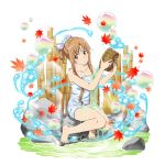  1girl asuna_(sao) autumn_leaves bamboo barefoot basket blue_towel breasts brown_eyes brown_hair bubble cleavage collarbone full_body highres holding holding_basket leaf leaf_print long_hair looking_to_the_side lying maple_leaf maple_leaf_print naked_towel official_art on_side parted_lips print_towel sidelocks sitting solo sword_art_online tied_hair towel transparent_background very_long_hair 