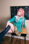  1girl akashiya_moka akashiya_moka_(cosplay) cosplay legs photo pink_hair rosario+vampire school_uniform solo thighs 