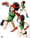  1girl black_hair boku_no_hero_academia cammy_white_(cosplay) cowboy_shot fighting_stance fingerless_gloves gloves highres kellzallday30 legs_apart leotard long_hair looking_at_viewer solo street_fighter yaoyorozu_momo 