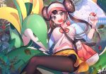  1girl :d bag ball black_eyes blush breasts brown_hair brown_legwear building creatures_(company) day double_bun game_freak gen_5_pokemon hand_up holding holding_ball holding_poke_ball kuri_choko large_breasts leaf long_hair long_sleeves looking_at_viewer mei_(pokemon) midriff miniskirt nature navel nintendo open_mouth outdoors pantyhose plant poke_ball poke_ball_(generic) pokemon pokemon_(creature) pokemon_(game) pokemon_bw2 raglan_sleeves serperior shirt shoulder_bag sidelocks signature skirt sky smile sparkle thighband_pantyhose tree twintails visor_cap watch white_shirt wristwatch yellow_skirt 