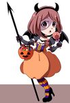  1girl bat_wings boku_no_hero_academia brown_hair candy elbow_gloves gloves halloween high_heels horns short_hair solo striped_legwear umi_(pixiv6861961) uraraka_ochako wings 