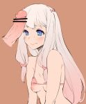  1girl bar_censor blue_eyes bow bra bra_lift breasts censored erection eromanga_sensei hair_bow izumi_sagiri kenshin187 long_hair looking_up low-tied_long_hair multicolored_hair nipples penis penis_on_head pink_hair small_breasts solo sweatdrop two-tone_hair underwear wavy_mouth 