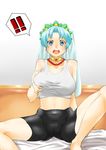  1girl blue_eyes blue_hair braid breast_grab breasts choker cleavage dress grabbing grune_(tales) midriff navel necklace open_mouth short_hair shorts tales_of_(series) tales_of_legendia veil 