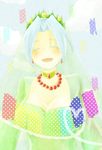  1girl aqua_hair blue_eyes blush braid breasts choker cleavage dress earrings eyes_closed grune_(tales) jewelry necklace open_mouth short_hair solo tales_of_(series) tales_of_legendia veil 