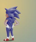  ass ass_cutout back blue_hair butt_crack furry gloves gradient gradient_background green_eyes male_focus sega shoes smile sneakers solo sonic sonic_the_hedgehog white_gloves 