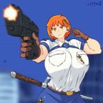  1girl animated animated_gif belt beltskirt bouncing_breasts breasts gigantic_breasts gloves gun handgun hataraki_ari k.k._(hataraki) orange_eyes orange_hair original original_character pistol police police_uniform policewoman shirt shooting short_hair skirt solo standing sword text uniform watermark weapon wide_hips 