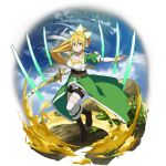  1girl blonde_hair boots bracelet braid breasts brown_footwear cape choker cleavage collarbone corset floating_hair full_body green_cape green_eyes hair_between_eyes hair_ornament high_ponytail highres holding holding_sword holding_weapon jewelry large_breasts leafa long_hair long_sleeves looking_at_viewer official_art outstretched_arm shiny shiny_hair shorts smile solo sword sword_art_online thighhighs transparent_background twin_braids very_long_hair waist_cape weapon white_legwear white_shorts white_sleeves 
