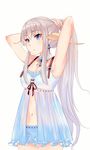  1girl adjusting_hair armpits arms_behind_head arms_up au_ra babydoll bai_banca female final_fantasy final_fantasy_xiv horns looking_at_viewer midriff navel nightgown ponytail silver_hair solo stomach upper_body 