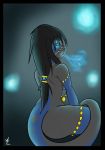  amberflame body_jewelry bodypaint butt female glowing glowing_eyes glowing_mouth long_tail scalie simplebackground 
