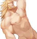  1boy abs bara blonde_hair gomtang guilty_gear leo_whitefang male_focus muscle nipple nipples nude pecs penis pubic_hair solo 