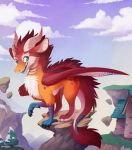  2019 aseethe blue_eyes claws day detailed_background digital_media_(artwork) dragon feathered_dragon feathered_wings feathers feral fur furred_dragon hair outside red_hair sky smile solo standing wings 