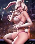  animal_ears artist_name batman_(series) breasts bunny_ears bunny_tail dc_comics iury_padilha large_breasts long_hair mask pink_eyes sitting solo tail teeth thighhighs thong white_hair white_rabbit_(dc) 