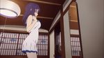 1girl animated animated_gif bare_shoulders blush dress hiradaira_chisaki long_hair mirror nagi_no_asukara purple_hair solo standing 