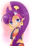  artist_request blue_eyes breasts cleavage gradient gradient_background looking_at_viewer pointy_ears ponytail purple_hair shantae shantae_(character) solo wayforward 