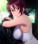  1girl breasts car female glasses highres huge_breasts large_breasts motor_vehicle red_eyes screencap short_hair sideboob sitting smile solo stitched triage_x tsurugi_miki 