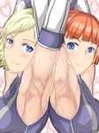  2girls armpits arms_up back-to-back blonde_hair blue_eyes elf elvaan final_fantasy final_fantasy_xi multiple_girls nekoshi pointy_ears showing_armpits smile sweat 