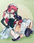  2girls agawa_ryou all_fours bakuretsu_hunters between_breasts blue_eyes breasts chocolate_misu downblouse earrings hat head_between_breasts jewelry large_breasts long_hair multiple_girls no_bra red_eyes red_hair suspenders tira_misu 