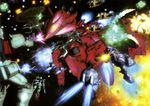  aiming_at_viewer ball_(gundam) battle big_rang explosion firing gm_(mobile_suit) gun gundam gundam_ms_igloo mecha official_art oggo shield space war weapon zudah 