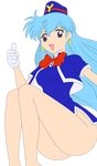  1girl absurdres aqua_hair breasts dress female hat highres hips legs legs_crossed long_hair no_panties photoshop purple_eyes short_dress simple_background smile solo stewardess tenjouin_katsura thighs vector_trace yat_anshin_uchuu_ryokou 