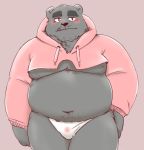  2019 anthro belly black_fur black_nose blush bulge clothing cute_fangs fundoshi fur hoodie hugo_(jumperbear) humanoid_hands japanese_clothing jumperbear male mammal meme moobs overweight overweight_male simple_background solo twitter_hoodie underwear ursid 