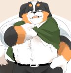  2019 anthro barneys_(kota&acute;) belly canid canine canis clothed clothing domestic_dog humanoid_hands hyaku1063 male mammal open_shirt pants shirt simple_background slightly_chubby solo teeth 