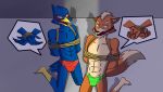  angry anthro avian bandanna bdsm bound bulge clothed clothing duo erection falco_lombardi fox_mccloud gag gagged hands_tied kiyoshiringtail97 kneeling male muscular muscular_male nintendo penis penis_outline rope speedo star_fox swimsuit topless video_games 