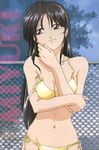  1girl 90s bangs bikini black_hair breast_hold breasts chain-link_fence character_name cleavage cloud cowboy_shot crease day female fence hair_down head_tilt highres hips holding_arm kobayakawa_miyuki light_smile long_hair looking_to_the_side nakajima_atsuko navel off_shoulder official_art outdoors parted_bangs purple_eyes saitou_tetsuhito scan shower side-tie_bikini sky smile solo strap_slip string_bikini swimsuit tree very_long_hair wet wet_hair you&#039;re_under_arrest you're_under_arrest 