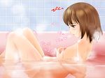  1girl areolae bath bathing blush breasts brown_eyes brown_hair erect_nipples fingering knees legs masturbation nikkeru_suiso nipples nude open_mouth partially_submerged small_breasts solo steam text thighs tiles trembling water wet 