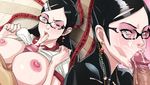  bayonetta bayonetta_(character) black_hair breasts censored huge_breasts nipples oral paizuri penis usatarou 