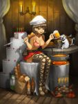  1girl :d bangs belt belt_pouch boots bottle bread breasts brown_eyes brown_hair cake candle carrot cat choker cleavage collarbone cookie earrings eating food fried_chicken fruit full_body graphite_(medium) gurimjang heart heart_choker heart_print highres jewelry kitchen_knife large_breasts leaning_forward looking_at_viewer meat mechanical_pencil milk_carton miniskirt open_mouth original pasta pencil pink_bikini_top pleated_skirt pot potato pouch red_choker red_skirt short_hair sitting skirt smile solo stove strawberry stud_earrings table thigh_boots thighhighs toenail_polish traditional_media wooden_floor 
