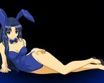  1girl animal_ears asakura_ryouko bare_legs blue_eyes blue_hair breasts bunny_ears bunnysuit cleavage long_hair looking_at_viewer lying on_side smile solo suzumiya_haruhi_no_yuuutsu 
