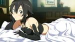  1girl bed black_eyes black_hair blanket blush lying official_art pillows shinon_(sao) solo sword_art_online 