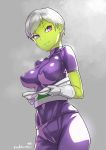  1girl artist_name breasts chirai closed_mouth covered_navel covered_nipples dragon_ball dragon_ball_super_broly gloves green_skin grey_hair impossible_clothes impossible_shirt jack_hamster looking_at_viewer medium_breasts purple_eyes purple_shirt purple_shorts shiny shiny_clothes shirt short_hair short_sleeves shorts smile solo tsurime turtleneck undressing upper_body white_gloves 