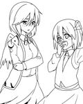  bow bowtie commentary crossed_arms greyscale hair_ribbon hand_to_own_mouth height_difference jeno kishin_sagume monochrome multiple_girls necktie ribbon rumia single_wing touhou wings 