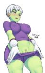  1girl alien blush breasts chirai covered_navel dragon_ball dragon_ball_super dragon_ball_super_broly erect_nipples green_skin large_breasts navel no_humans pubic_hair pussy pussy_peek short_hair solo tsukudani_(coke-buta) white_hair 