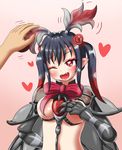  :d antennae black_hair blush bow bowtie breasts carapace claws fangs gradient gradient_background gradient_hair heart highres insect_girl insect_wings kagamimocchi monster_girl monster_girl_encyclopedia multicolored_hair navel one_eye_closed open_mouth petting pink_background pointy_ears red_eyes red_hair smile solo_focus twintails two-tone_hair vamp_mosquito_(monster_girl_encyclopedia) wings 