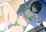 1girl beach bikini black_hair blush breasts breasts_apart cameltoe cleavage curvy drink female glasses hyouju_issei large_breasts long_hair looking_at_viewer lying on_back open_mouth original smile solo spread_legs swimsuit wide_hips 