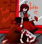  acyo bag butcher butcher_knife commentary defense_of_the_ancients dress food jpeg_artifacts meat pudge_(dota_2) red_dress red_hair stitches yandere 