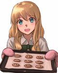  1girl :d blonde_hair blue_eyes blush cookie cooking dessert food green_ribbon hair_between_eyes happy looking_at_viewer open_mouth oven_mitts ranma_(kamenrideroz) ribbon shiny_hair simple_background smile solo white_background 