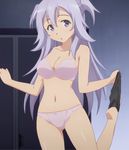  1girl blush bra breasts cleavage gakusen_toshi_asterisk long_hair looking_at_viewer navel open_mouth panties photoshop purple_eyes screencap silver_hair socks solo standing stitched toudou_kirin underwear 