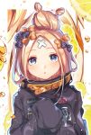  1girl :o abigail_williams_(fate/grand_order) bangs black_bow black_jacket blonde_hair blue_eyes blush bow commentary_request crossed_bandaids fate/grand_order fate_(series) food fruit hair_bow hair_bun hand_up haruaya heroic_spirit_traveling_outfit jacket lemon lemon_slice long_hair long_sleeves looking_away looking_up orange_bow parted_bangs parted_lips polka_dot polka_dot_bow sleeves_past_fingers sleeves_past_wrists solo star upper_body 