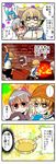  3girls 4koma alternate_costume bandana bespectacled blacksmith blonde_hair blue_hair brown_eyes comic contemporary crucible emphasis_lines fire frying_pan furnace glasses grey_eyes hair_rings hammer handsome_wataru highres jacket kaku_seiga mononobe_no_futo multiple_girls no_hat no_headwear open_mouth ponytail red-framed_eyewear silver_hair sweat tongs touhou toyosatomimi_no_miko track_jacket translated welding_mask 