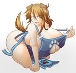  animal_ears apron blush breasts brown_hair cleavage cleavage_cutout collarbone dog_ears dog_tail fang female gigantic_breasts gradient gradient_background kneeling lass_(matsu-sensei) long_hair matsu-sensei naked_apron no_bra no_panties no_underwear open_mouth original simple_background solo tail yellow_eyes 