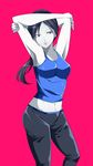 arms_up bow breasts female grey_hair gym_uniform hair_bow hair_ornament highres large_breasts long_hair midriff navel pixiv_id_4667534 ponytail shadow silver_eyes simple_background solo sportswear standing tied_hair unnaturally_white_skin wii_fit wii_fit_trainer 